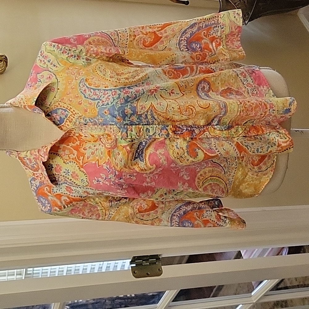 Lauren Ralph Lauren pink blue yellow lime paisley top 100% cotton 3/4 Sl PL EUC…